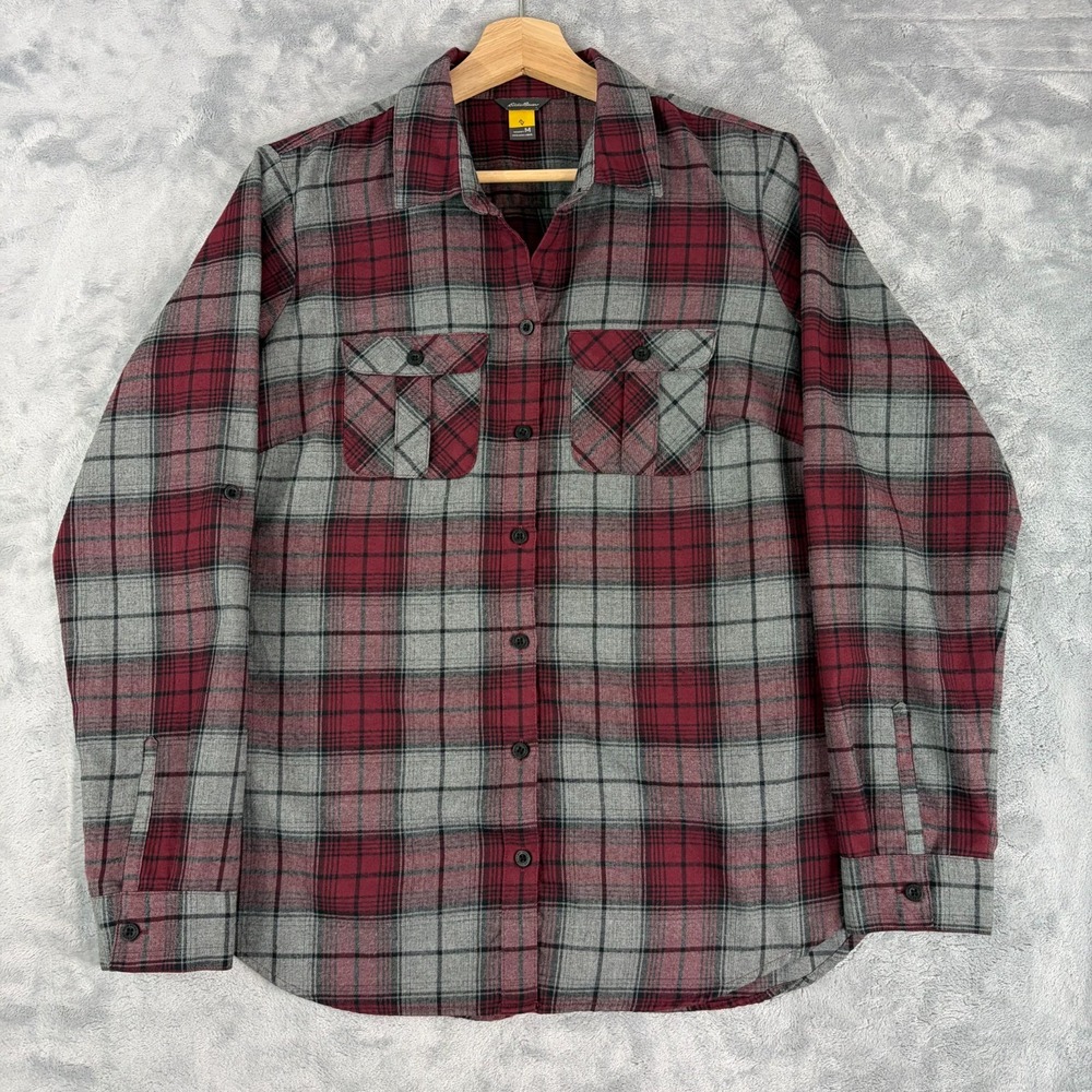 Eddie Bauer Travex Women's Medium Flannel Shirt Maroon Gray Plaid Western